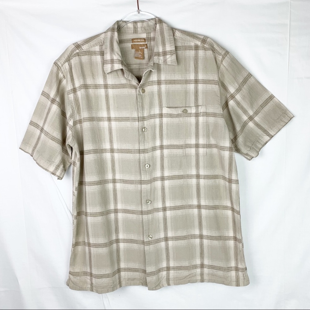 Bruno Linen Cotton Plaid Button Down Shirt sz L